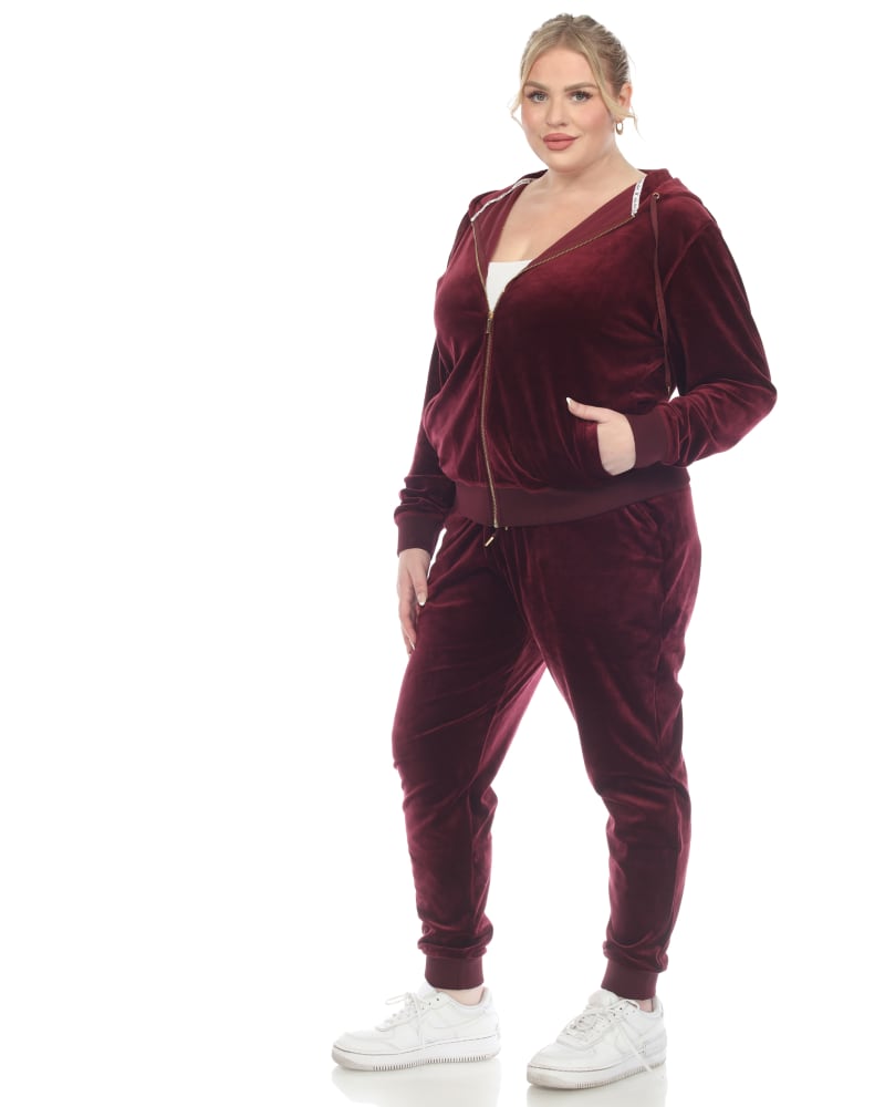 Plus Size 2 Pc Velour Tracksuit Set Burgundy
